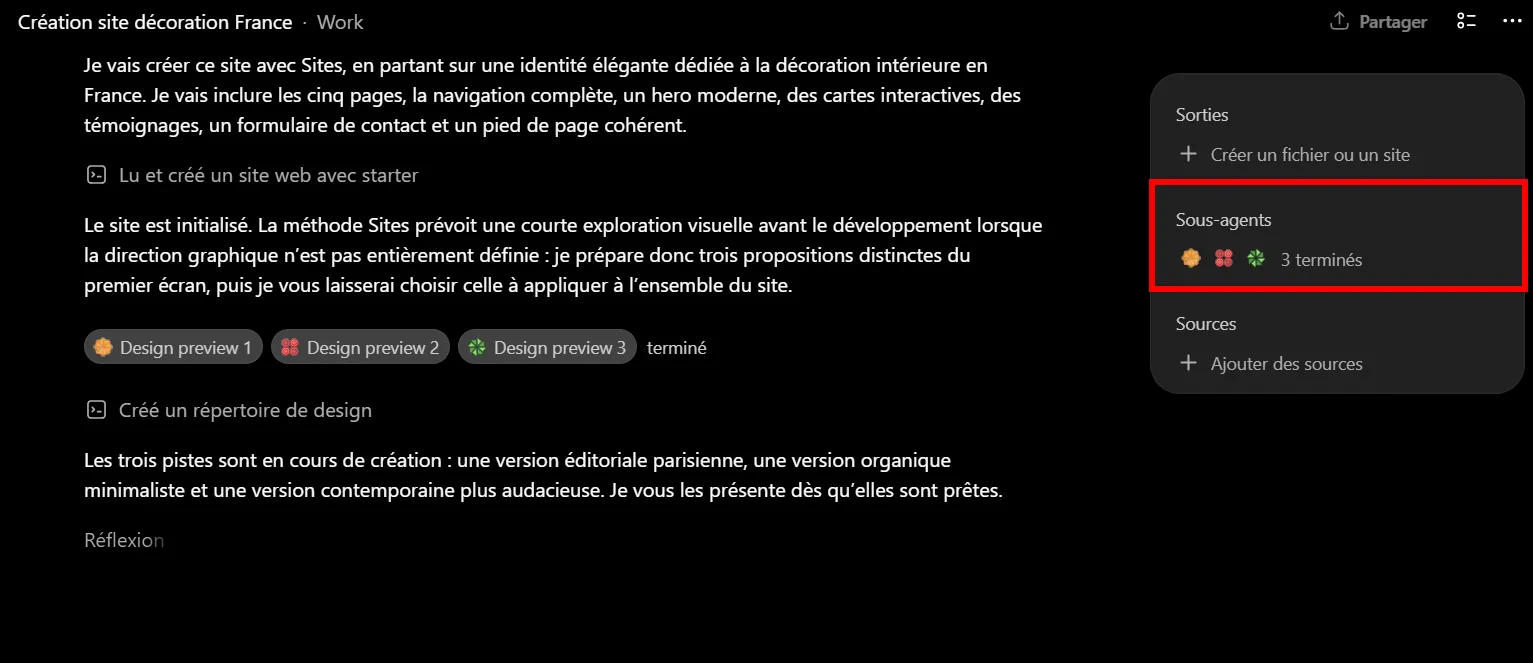 Comment utiliser ChatGPT Sites pour créer, prévisualiser, publier un site web sans configurer séparément un hébergement ? 10 Trois sous-agents créent des propositions de design dans ChatGPT Work