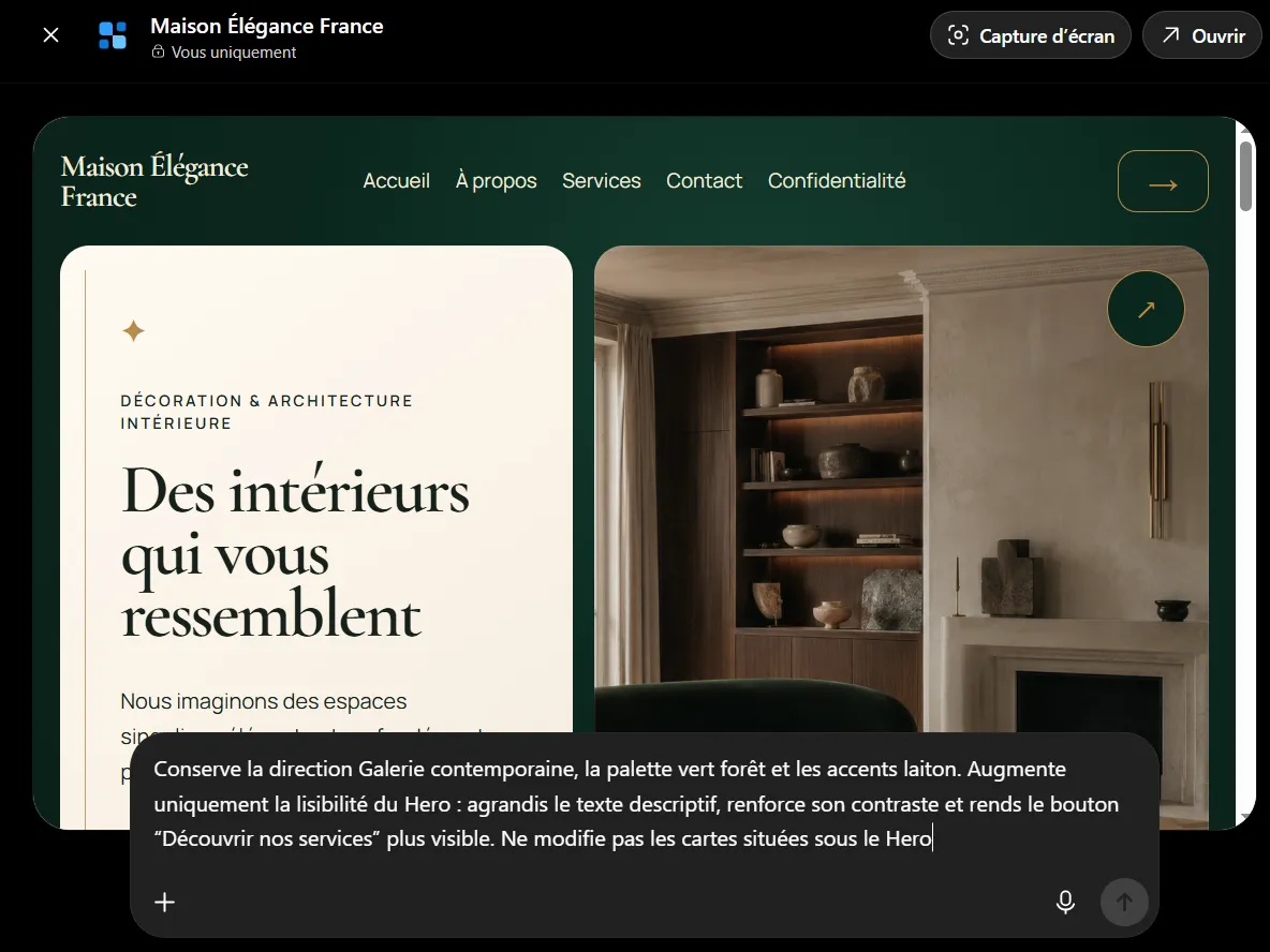 Comment utiliser ChatGPT Sites pour créer, prévisualiser, publier un site web sans configurer séparément un hébergement ? 37 Ecran de modification du site dans ChatGPT sites