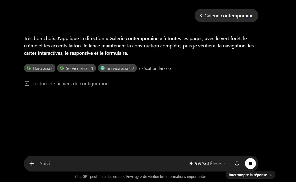 Comment utiliser ChatGPT Sites pour créer, prévisualiser, publier un site web sans configurer séparément un hébergement ? 14 Construction du site après validation du design Galerie contemporaine