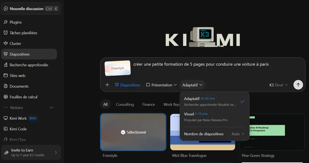 J’ai testé Kimi K3 : guide pas à pas, fonctionnalités et limites 22 Choix du mode Adaptatif ou Visuel pour créer des diapositives dans Kimi