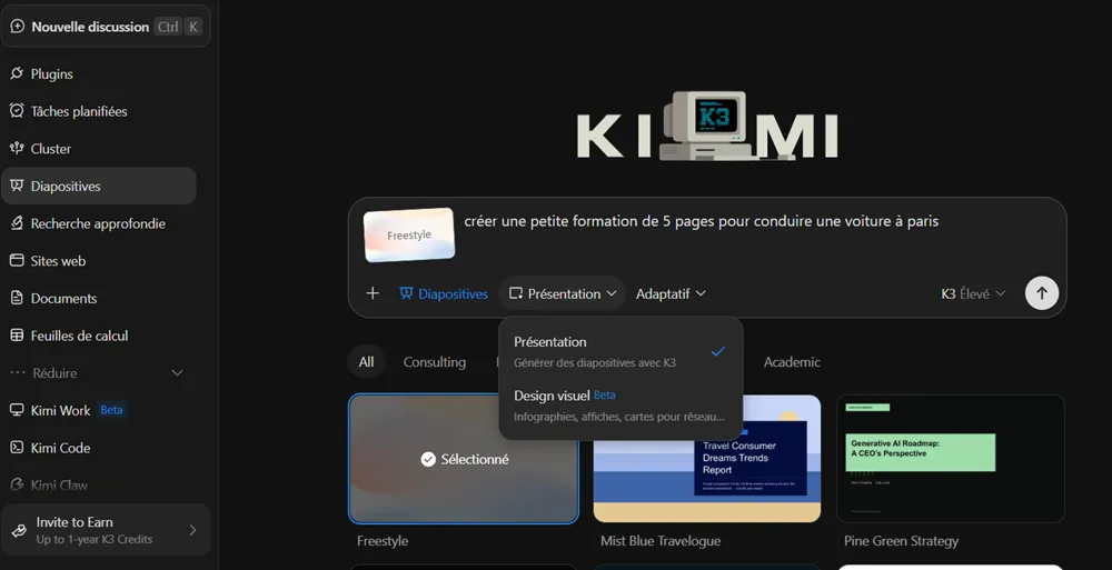 J’ai testé Kimi K3 : guide pas à pas, fonctionnalités et limites 23 Choix entre Présentation et Design visuel bêta dans Kimi