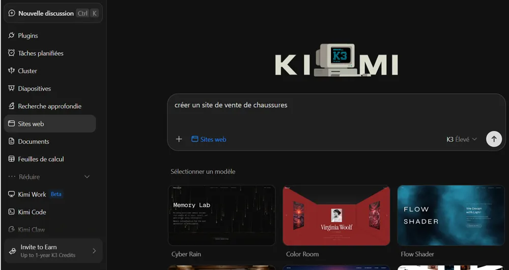 J’ai testé Kimi K3 : guide pas à pas, fonctionnalités et limites 29 Création d’un site de vente de chaussures avec Kimi Websites