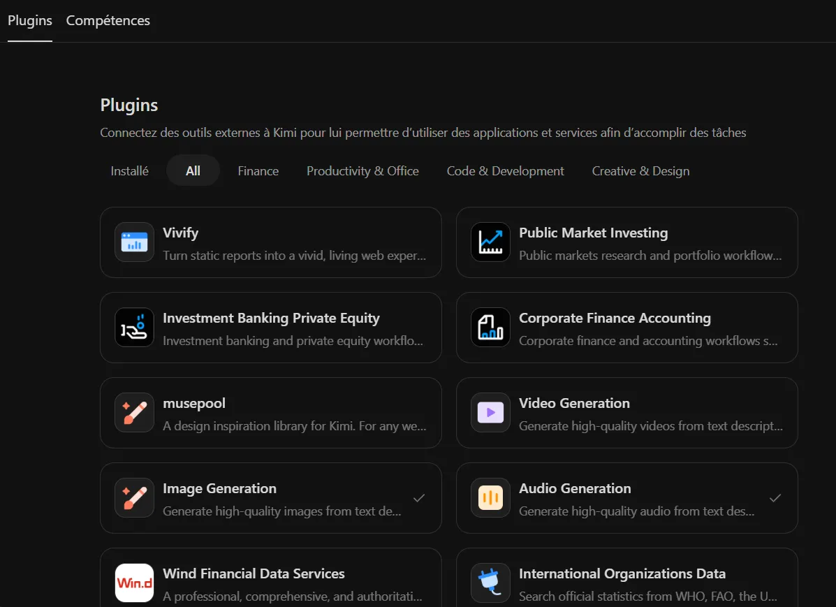 J’ai testé Kimi K3 : guide pas à pas, fonctionnalités et limites 13 Catalogue des plugins Kimi classés par catégories professionnelles