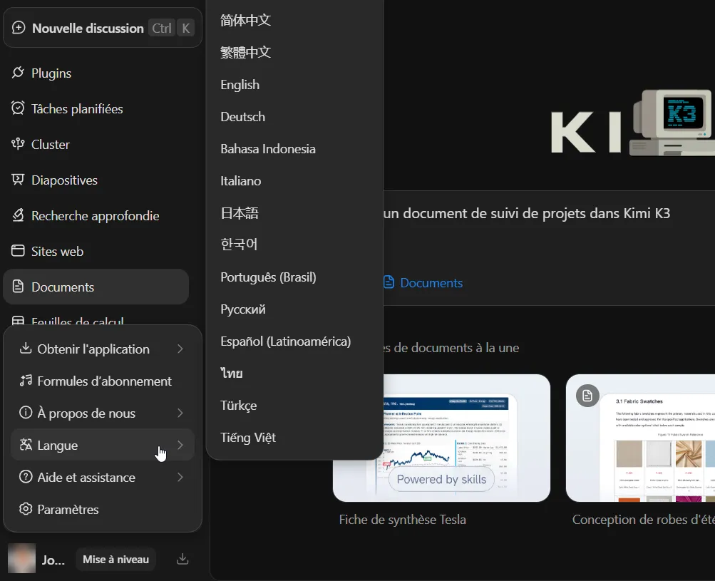 J’ai testé Kimi K3 : guide pas à pas, fonctionnalités et limites 5 Menu de sélection des langues dans les réglages Kimi