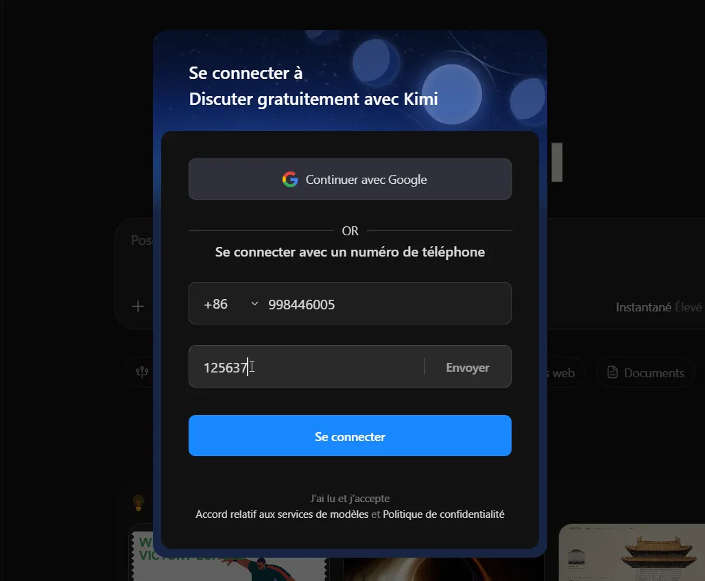 J’ai testé Kimi K3 : guide pas à pas, fonctionnalités et limites 3 Fenêtre de connexion à Kimi par Google ou téléphone