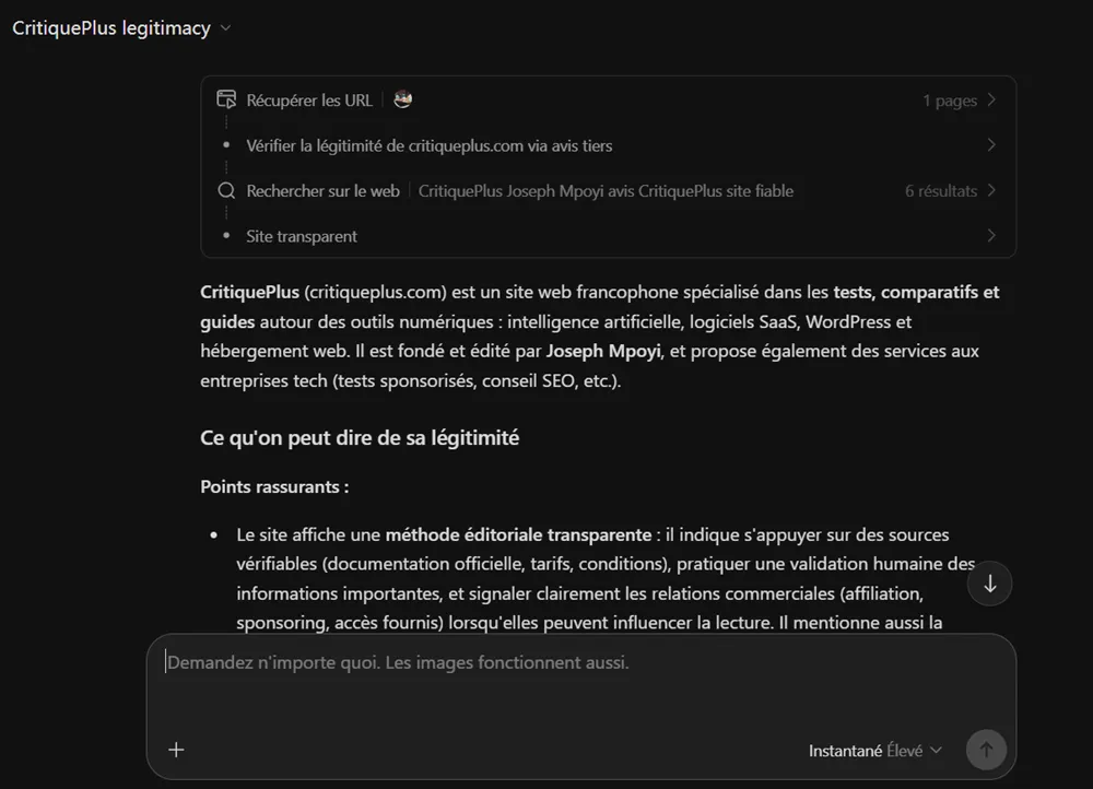 J’ai testé Kimi K3 : guide pas à pas, fonctionnalités et limites 11 Réponse finale de Kimi après une recherche sur la légitimité de CritiquePlus