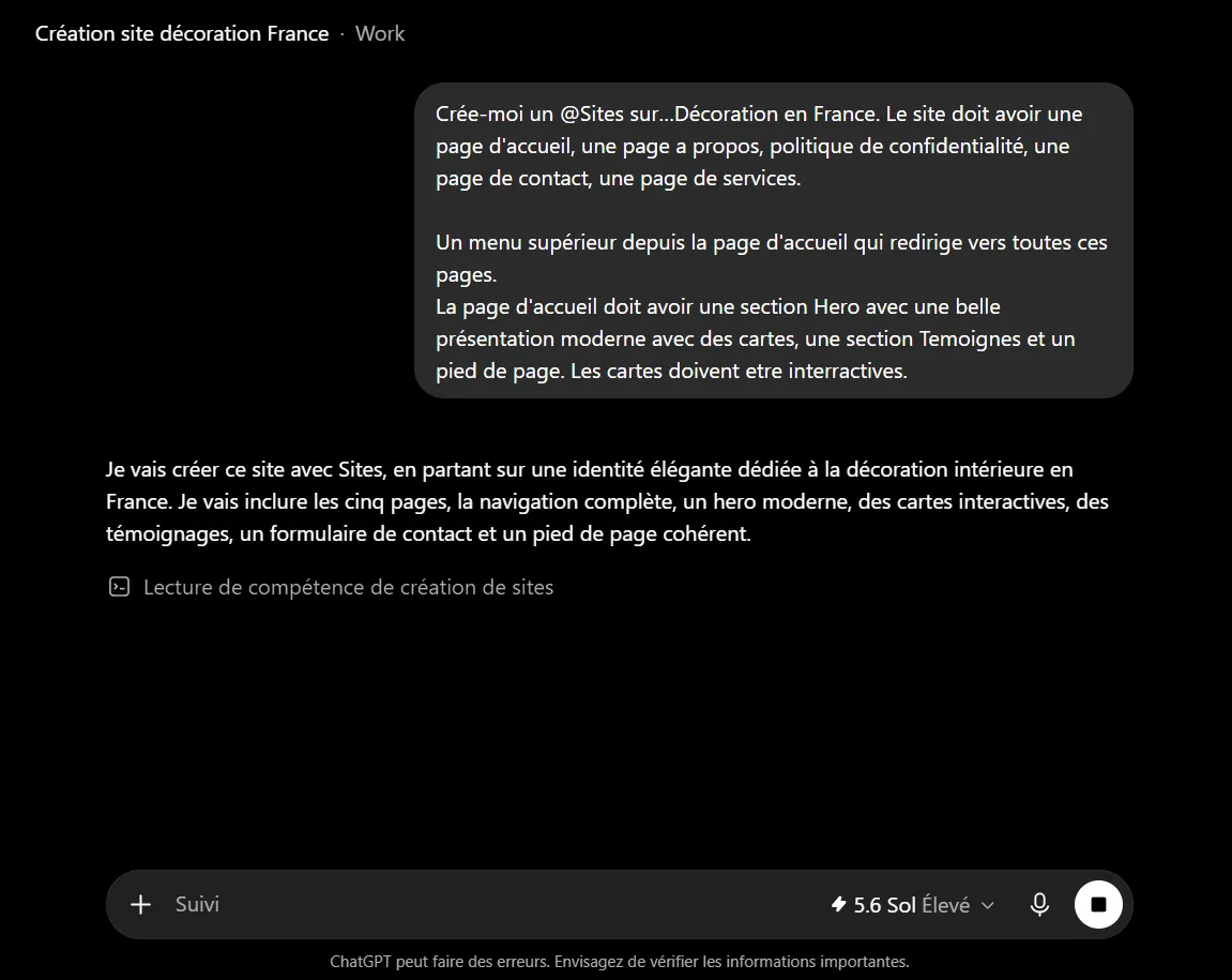 Comment utiliser ChatGPT Sites pour créer, prévisualiser, publier un site web sans configurer séparément un hébergement ? 7 Lancement de la création de sites