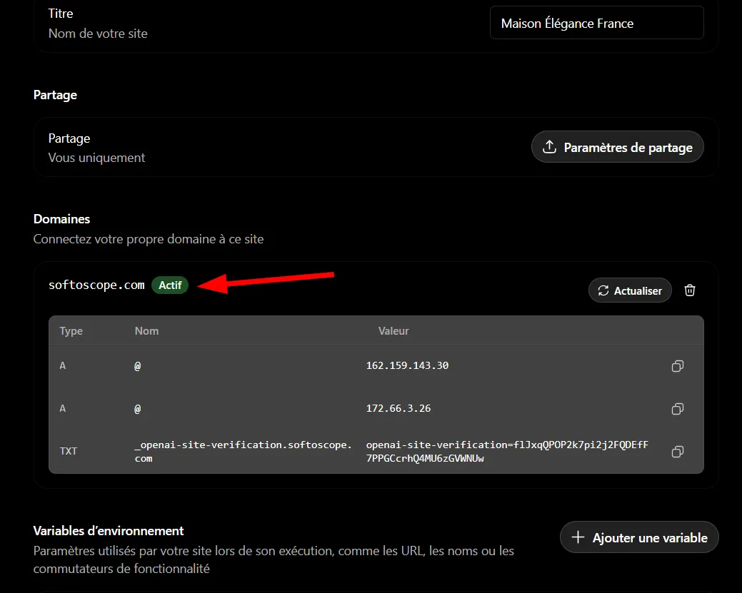 Comment utiliser ChatGPT Sites pour créer, prévisualiser, publier un site web sans configurer séparément un hébergement ? 34 Le domaine est actif dans ChatGPT Sites