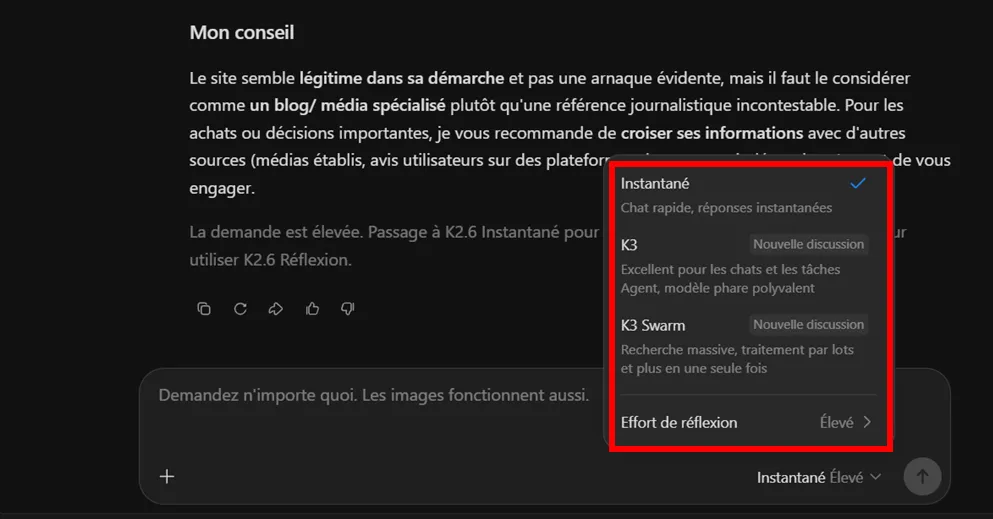 J’ai testé Kimi K3 : guide pas à pas, fonctionnalités et limites 8 Choix entre les modèles Instantané K3 et K3 Swarm dans Kimi