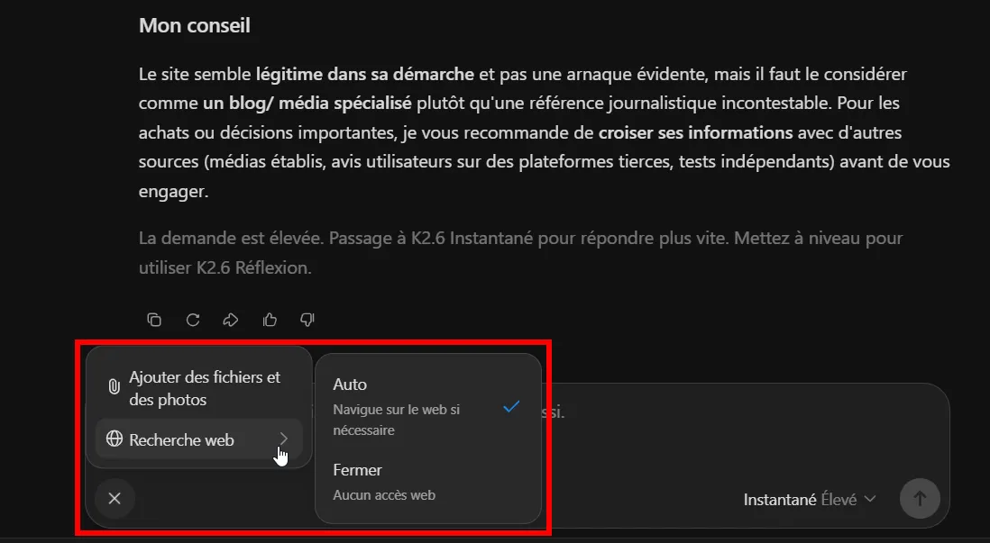 J’ai testé Kimi K3 : guide pas à pas, fonctionnalités et limites 9 Activation de la recherche Web automatique depuis le bouton plus de Kimi