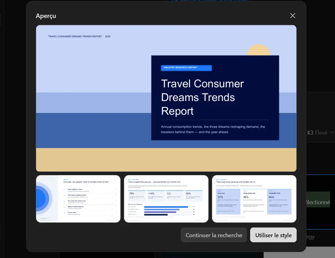 J’ai testé Kimi K3 : guide pas à pas, fonctionnalités et limites 24 Aperçu du style Travel Consumer Dreams Trends Report dans Kimi Slides