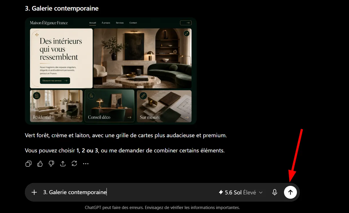 Comment utiliser ChatGPT Sites pour créer, prévisualiser, publier un site web sans configurer séparément un hébergement ? 13 Sélection de la maquette Galerie contemporaine dans ChatGPT Sites