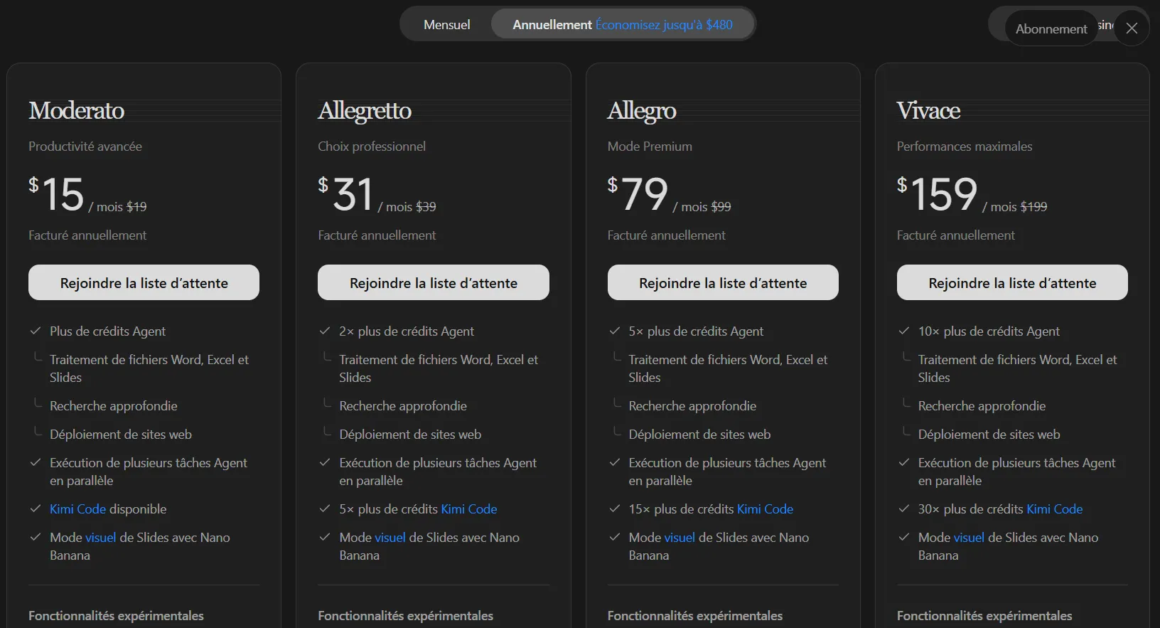 J’ai testé Kimi K3 : guide pas à pas, fonctionnalités et limites 31 Prix annuels des abonnements Moderato Allegretto Allegro et Vivace de Kimi