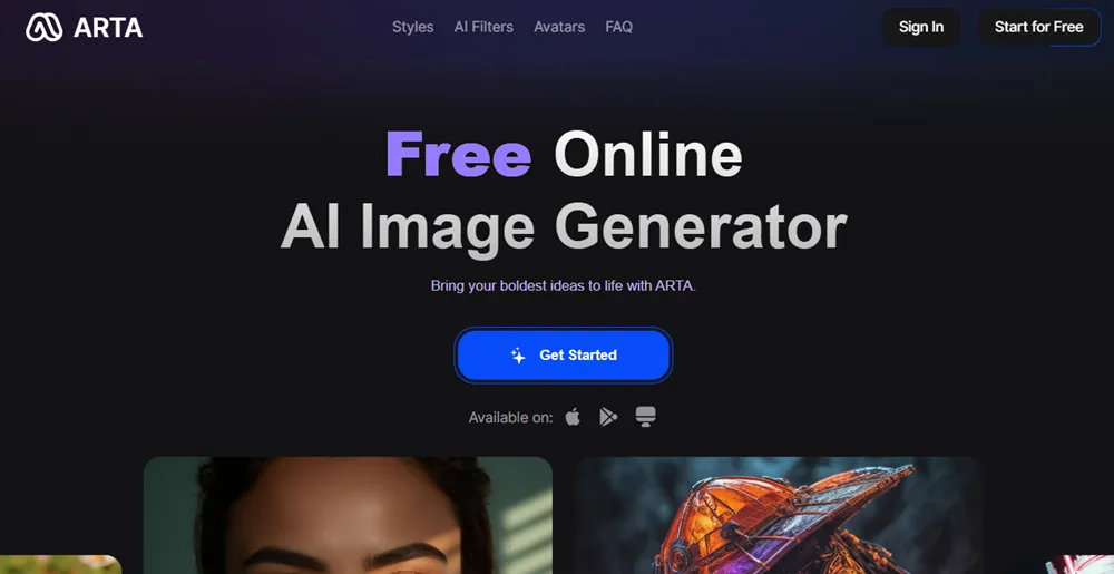 AI Arta avis 2026 : que vaut vraiment ce générateur d’images IA ? 6 Page d'accueil AI Arta