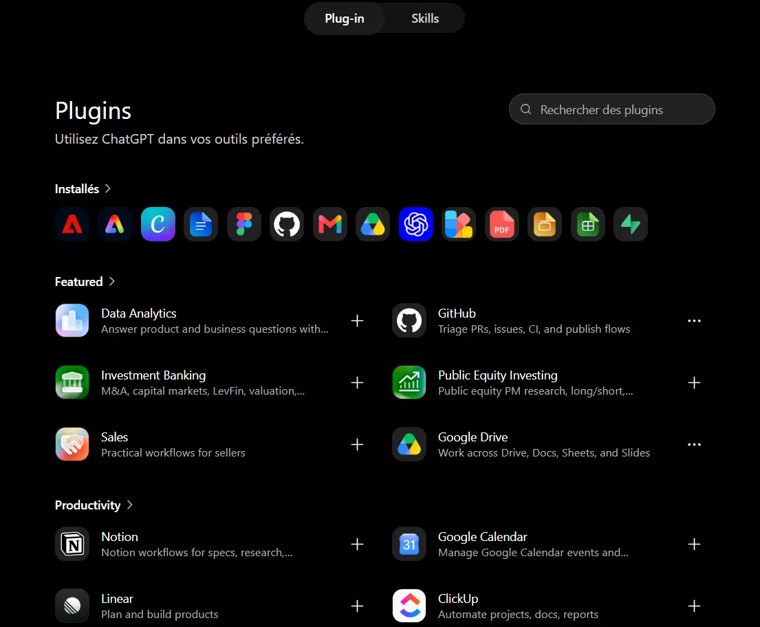 Page d'accueil de plugins ChatGPT