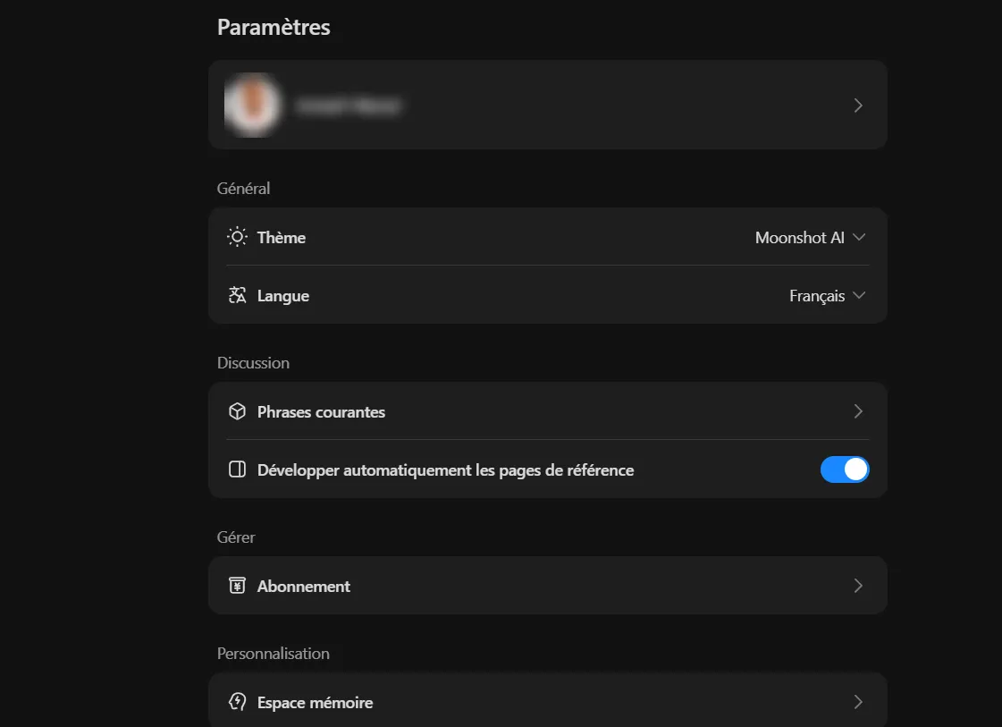 J’ai testé Kimi K3 : guide pas à pas, fonctionnalités et limites 6 Paramètres Kimi en français avec langue thème abonnement et mémoire