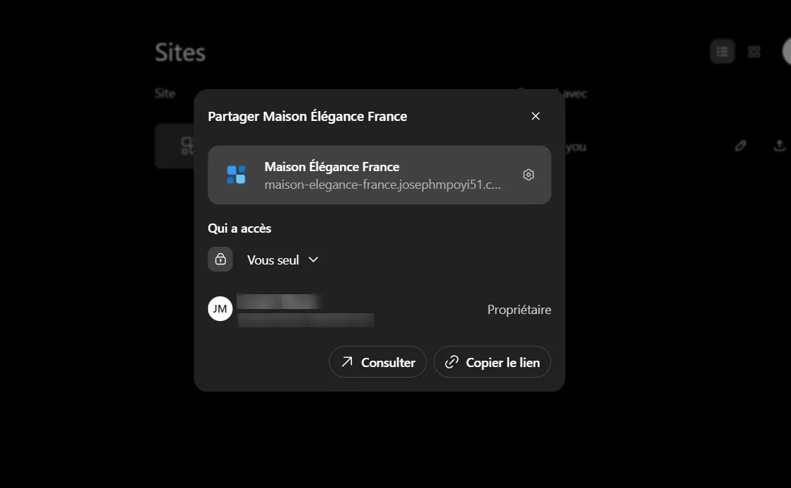 Comment utiliser ChatGPT Sites pour créer, prévisualiser, publier un site web sans configurer séparément un hébergement ? 26 Partager le site Maison Elegance France