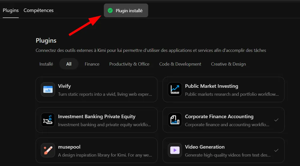 J’ai testé Kimi K3 : guide pas à pas, fonctionnalités et limites 15 Confirmation de l’installation du plugin Video Generation dans Kimi