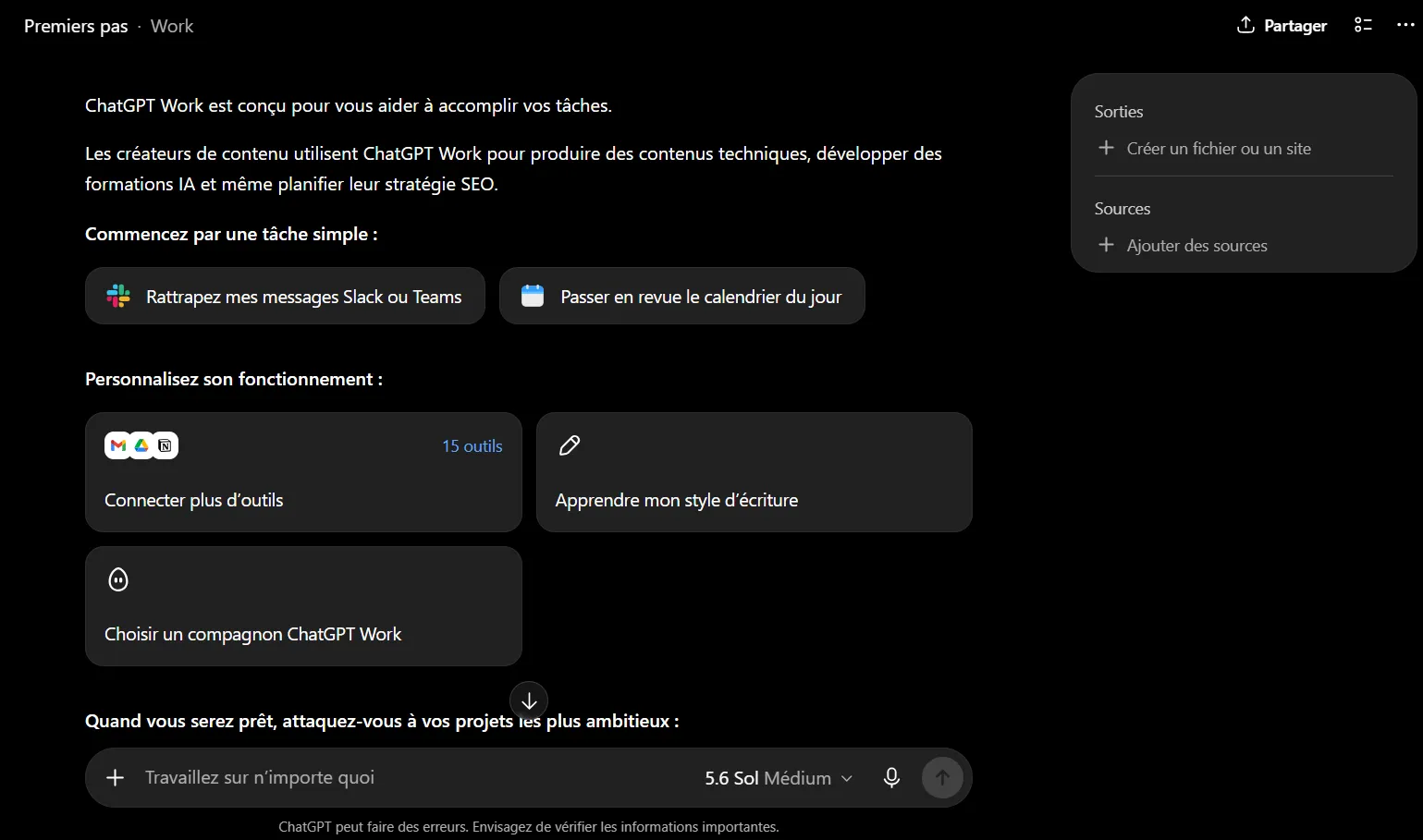 Comment utiliser ChatGPT Sites pour créer, prévisualiser, publier un site web sans configurer séparément un hébergement ? 3 Page de démarrage de ChatGPT Work avec les outils et options de création