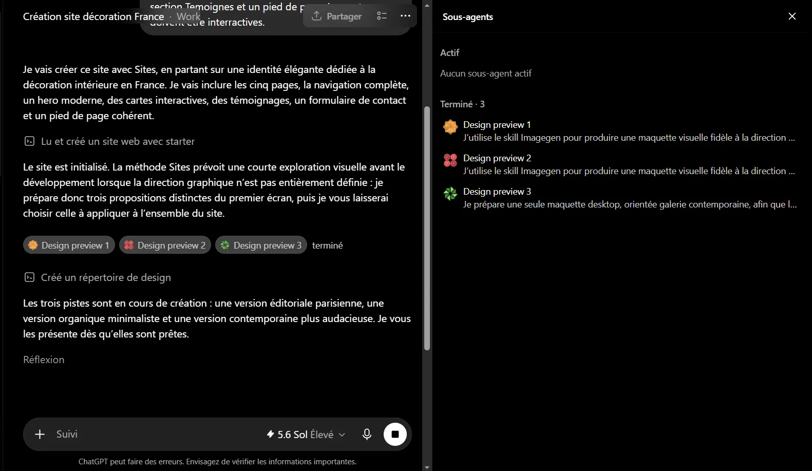 Comment utiliser ChatGPT Sites pour créer, prévisualiser, publier un site web sans configurer séparément un hébergement ? 11 Panneau de suivi des sous-agents de création de design dans ChatGPT