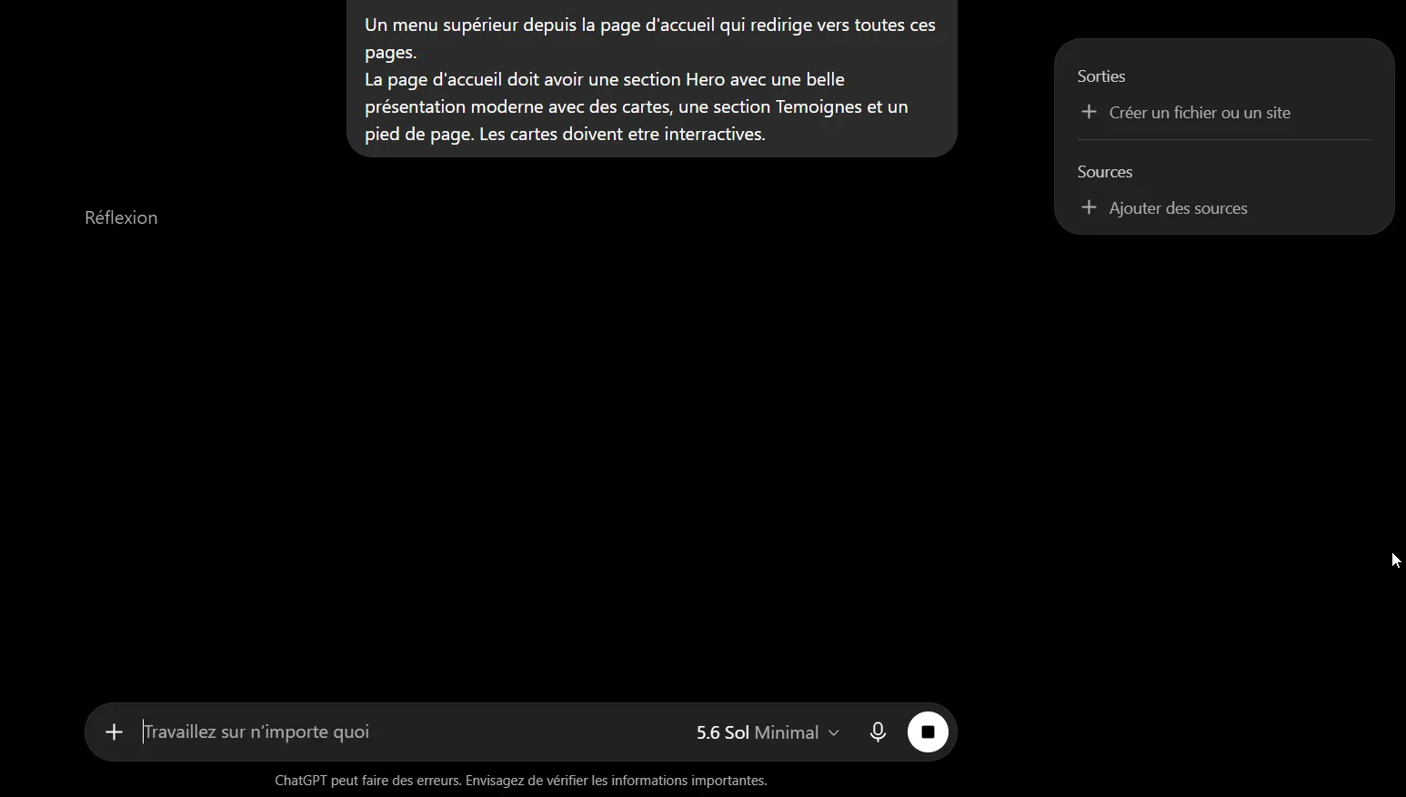 Comment utiliser ChatGPT Sites pour créer, prévisualiser, publier un site web sans configurer séparément un hébergement ? 8 Phase de réflexion de ChatGPT pendant la création d’un site web