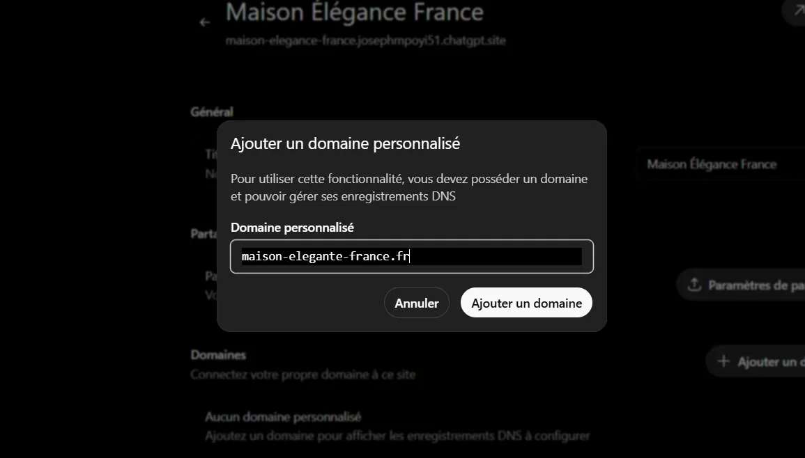 Comment utiliser ChatGPT Sites pour créer, prévisualiser, publier un site web sans configurer séparément un hébergement ? 31 Saisir le nom de domaine dans la fenêtre contextuelle