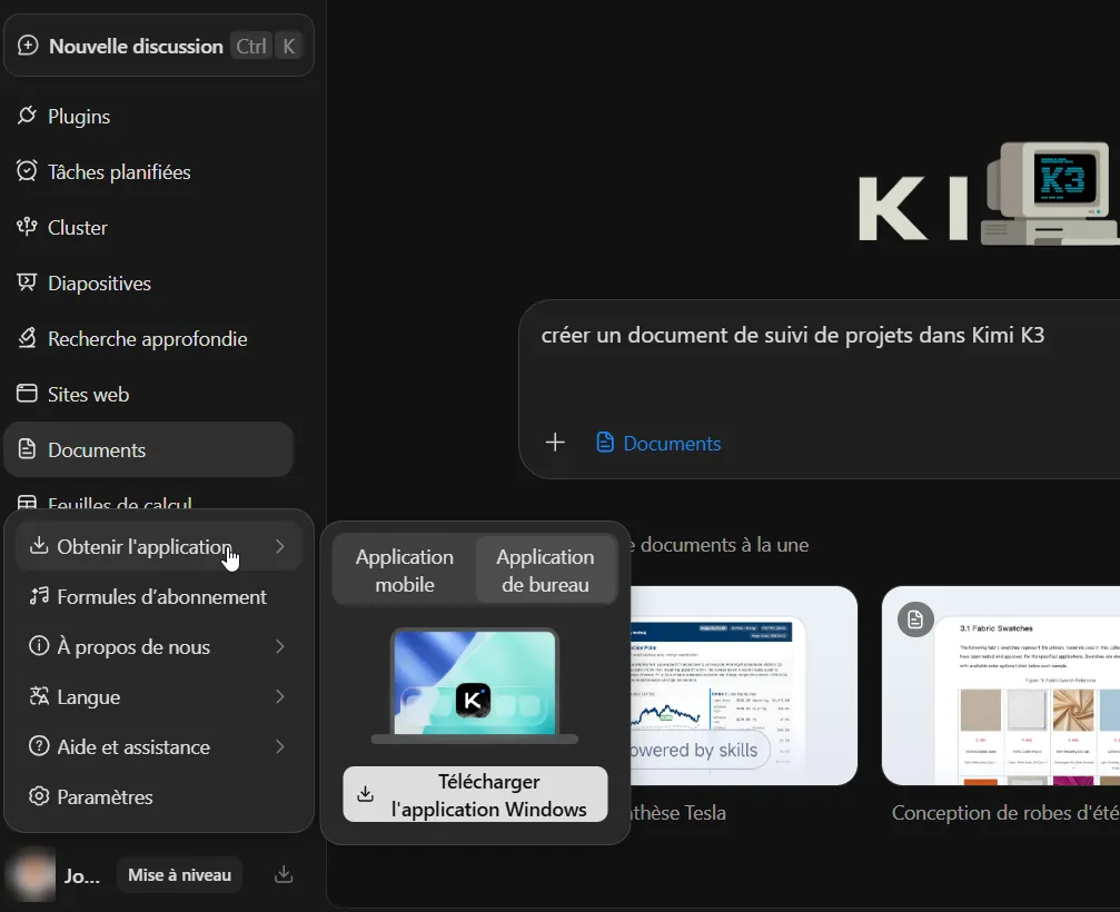 J’ai testé Kimi K3 : guide pas à pas, fonctionnalités et limites 7 Menu de téléchargement de l’application Kimi pour Windows