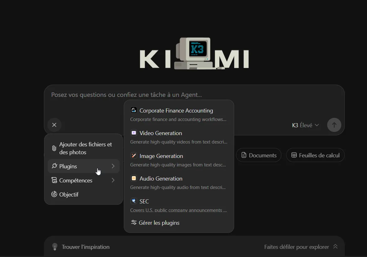J’ai testé Kimi K3 : guide pas à pas, fonctionnalités et limites 16 Sélection du plugin Video Generation depuis le champ de saisie Kimi