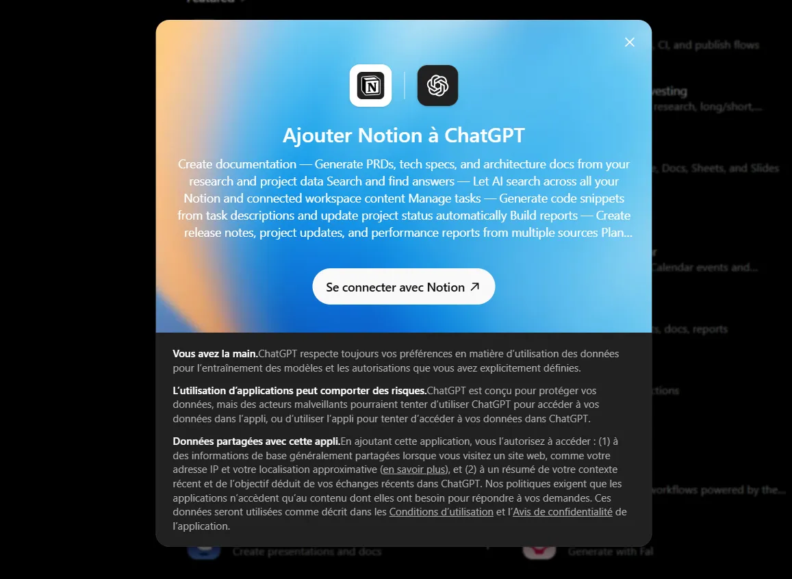 Tableau de connexion d'un outil dans ChatGPT