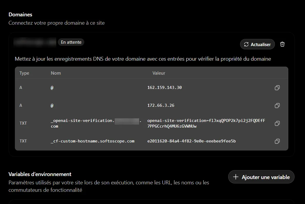 Comment utiliser ChatGPT Sites pour créer, prévisualiser, publier un site web sans configurer séparément un hébergement ? 32 Tableau de paramètres de connexion du nom de domaine