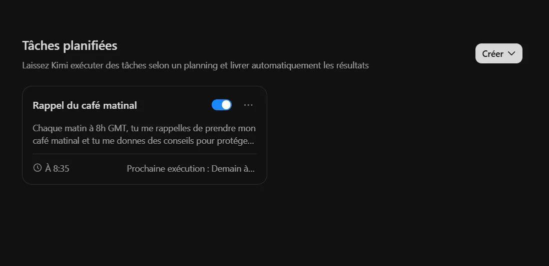 J’ai testé Kimi K3 : guide pas à pas, fonctionnalités et limites 21 Tâche planifiée créée et activée avec succès dans Kimi