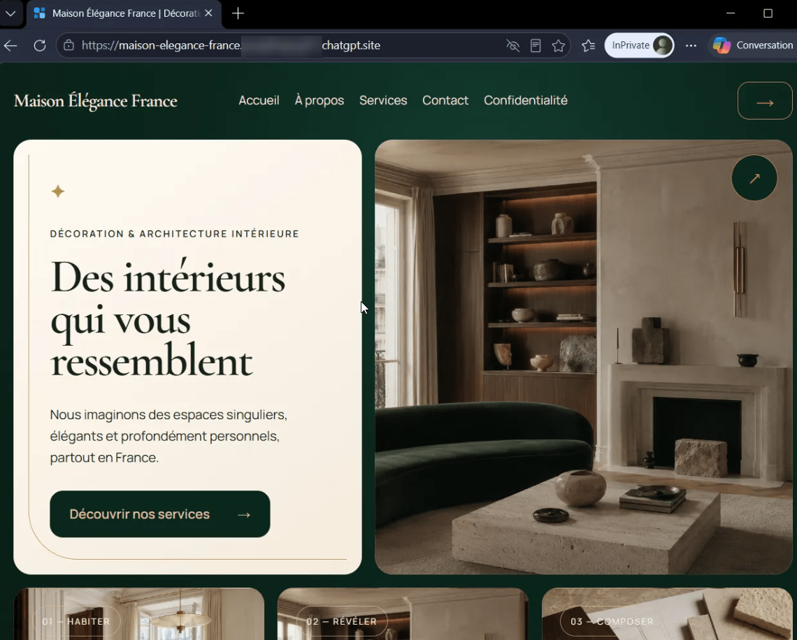 Comment utiliser ChatGPT Sites pour créer, prévisualiser, publier un site web sans configurer séparément un hébergement ? 28 Vérifier l’accès public en navigation privée
