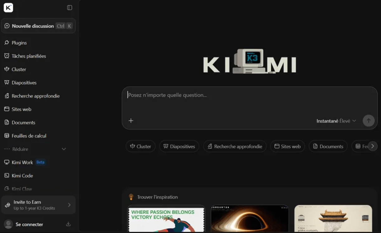 J’ai testé Kimi K3 : guide pas à pas, fonctionnalités et limites 2 Accueil de Kimi avant connexion avec champ de saisie et raccourcis