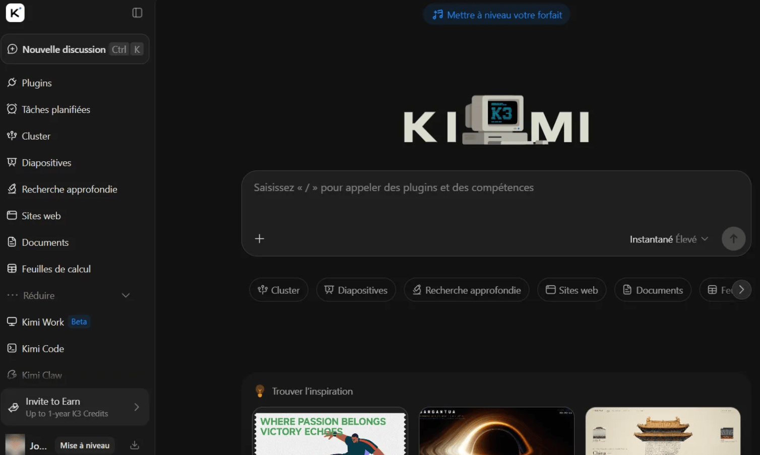 J’ai testé Kimi K3 : guide pas à pas, fonctionnalités et limites 4 Interface Kimi après connexion avec menu des fonctionnalités
