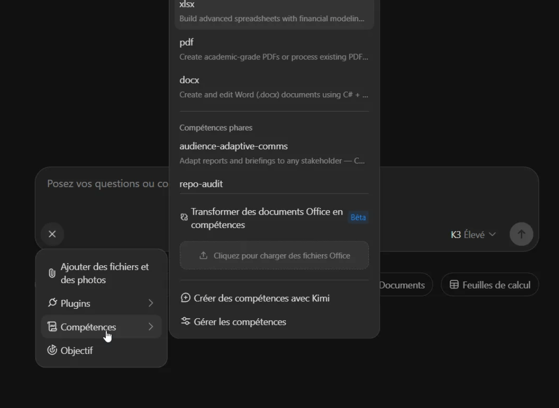 J’ai testé Kimi K3 : guide pas à pas, fonctionnalités et limites 18 Sélection et gestion des compétences depuis le bouton plus de Kimi
