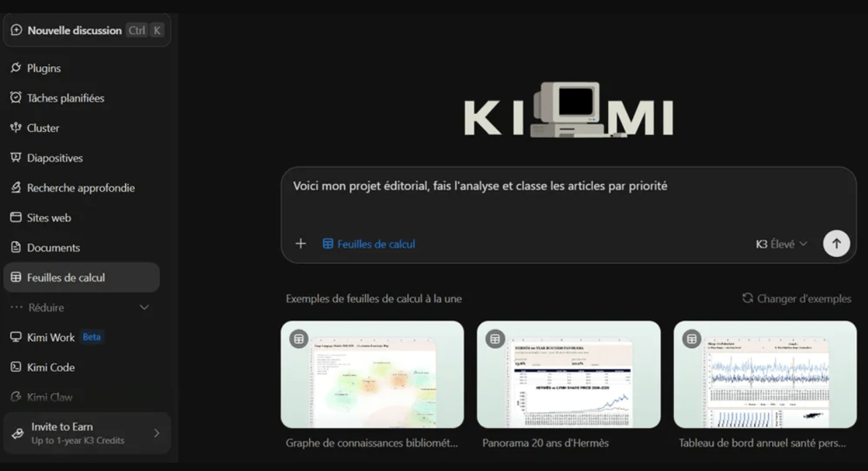 J’ai testé Kimi K3 : guide pas à pas, fonctionnalités et limites 27 Analyse d’un projet éditorial avec le module Feuilles de calcul Kimi