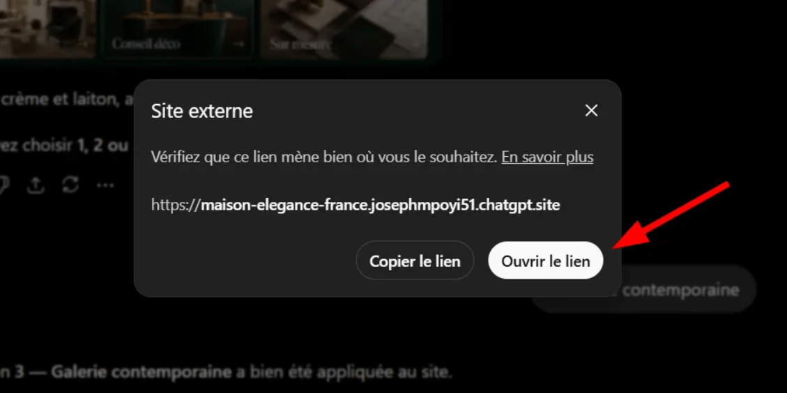 Comment utiliser ChatGPT Sites pour créer, prévisualiser, publier un site web sans configurer séparément un hébergement ? 17 Boîte de confirmation Site externe pour ouvrir un site hébergé sur chatgpt.site