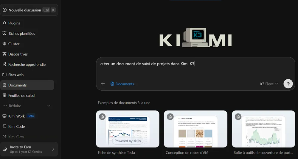 J’ai testé Kimi K3 : guide pas à pas, fonctionnalités et limites 25 Création d’un document de suivi de projets avec Kimi Docs