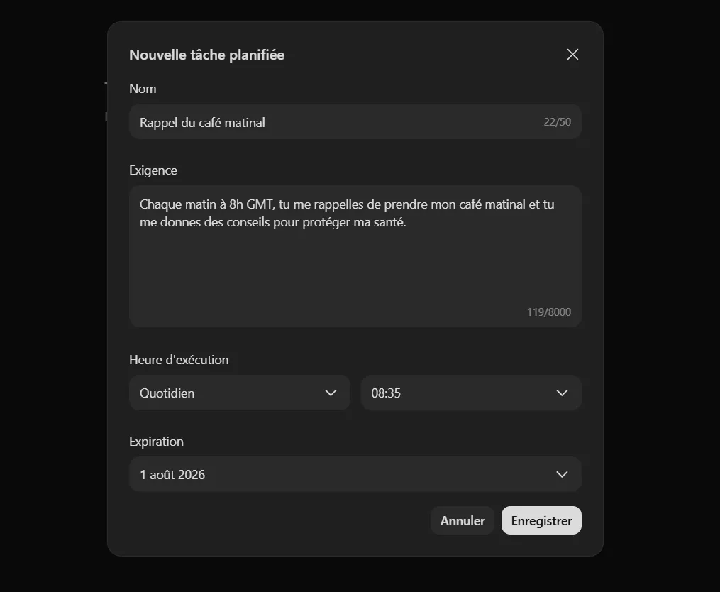 J’ai testé Kimi K3 : guide pas à pas, fonctionnalités et limites 20 Formulaire de création d’une tâche planifiée quotidienne dans Kimi