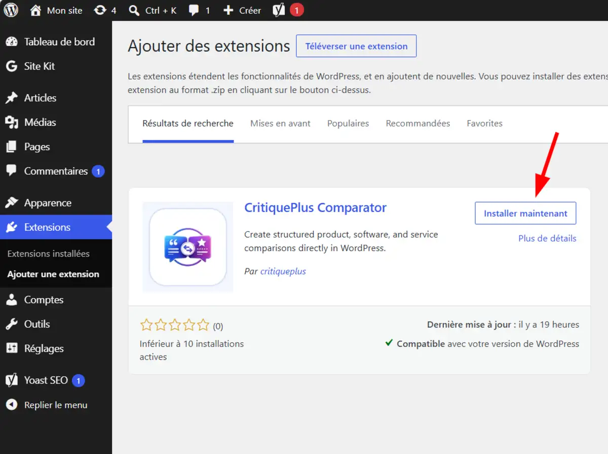 CritiquePlus Comparator arrive sur WordPress.org pour simplifier la création de sites de comparaison 2 Installer l'extension CritiquePlus Comparator