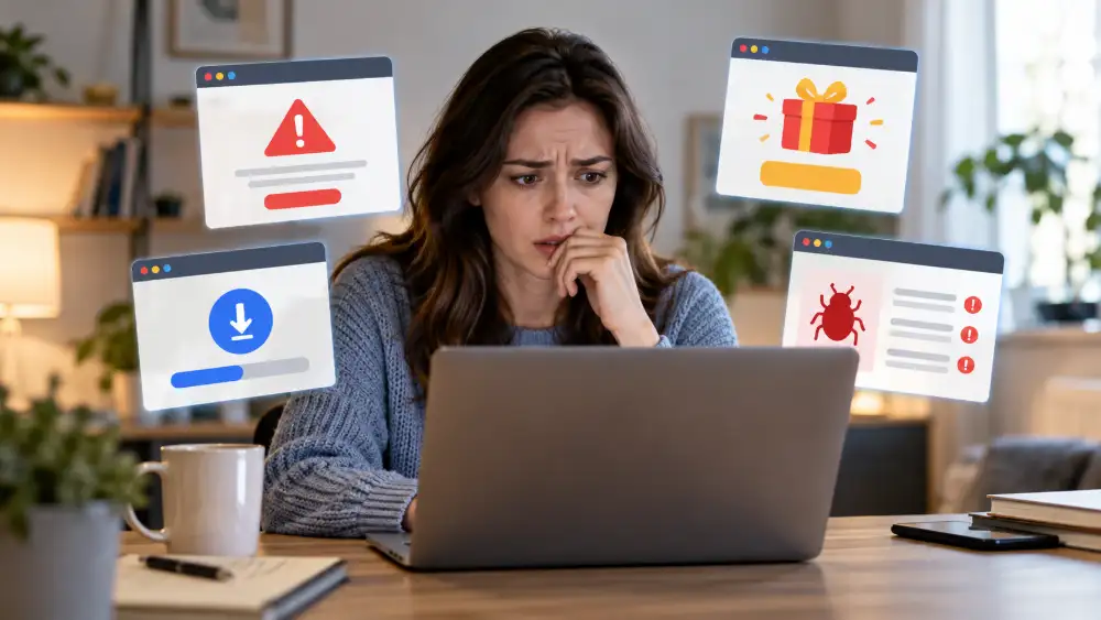 Captures d'écran des principaux pièges des antivirus gratuits : essais déguisés, bundles et fausses alertes 