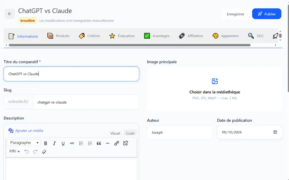 Page de création d'un comparatif entre les produits ajoutés dans le plugin CritiquePlus Comparator