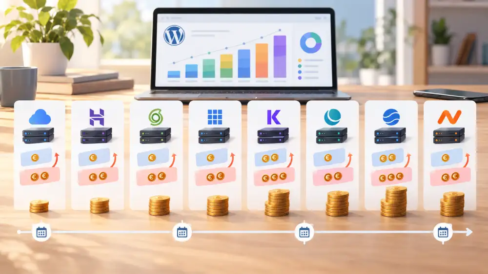 Coût total sur quatre ans des huit hébergements WordPress comparés, prix d'appel et renouvellement