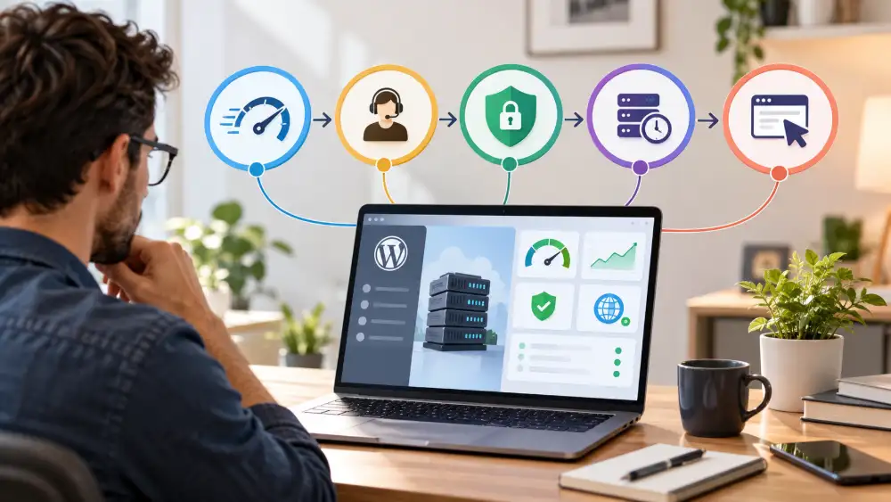Protocole d'évaluation en cinq étapes appliqué aux huit hébergements WordPress du comparatif