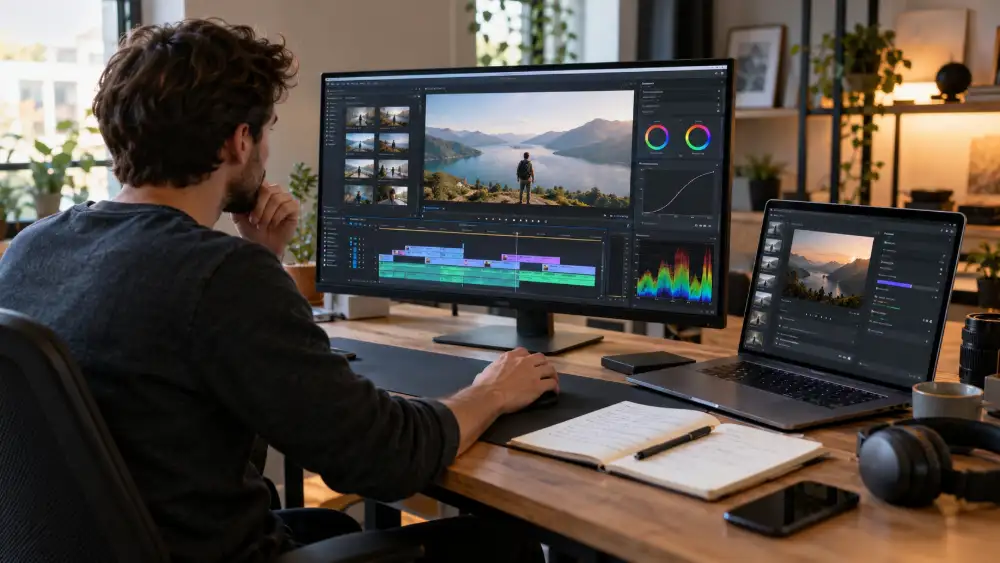 Poste de test pour monter vidéo : MacBook Pro et PC Windows avec échantillons de rushes 4K
