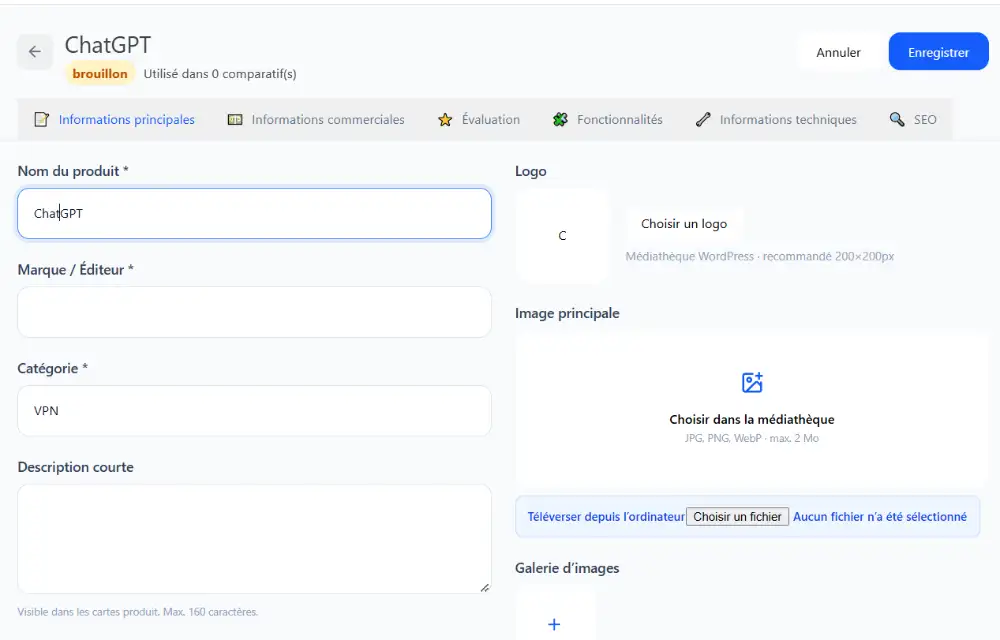 Section pour créer un nouveau produit dans le plugin CritiquePlus Comparator