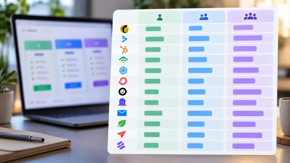 Tableau récapitulatif illustré comparant le coût annuel de douze logiciels emailing à 1 000, 5 000 et 20 000 contacts, avec écran de grille tarifaire en arrière-plan.