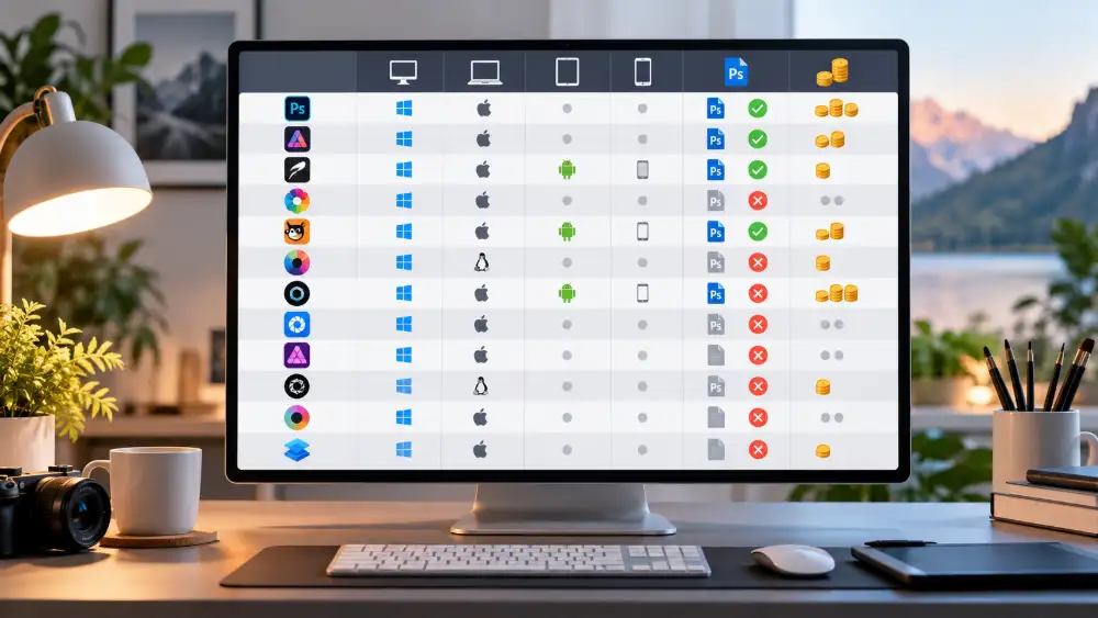 Tableau comparatif de 12 alternatives à Photoshop avec système, compatibilité PSD et prix