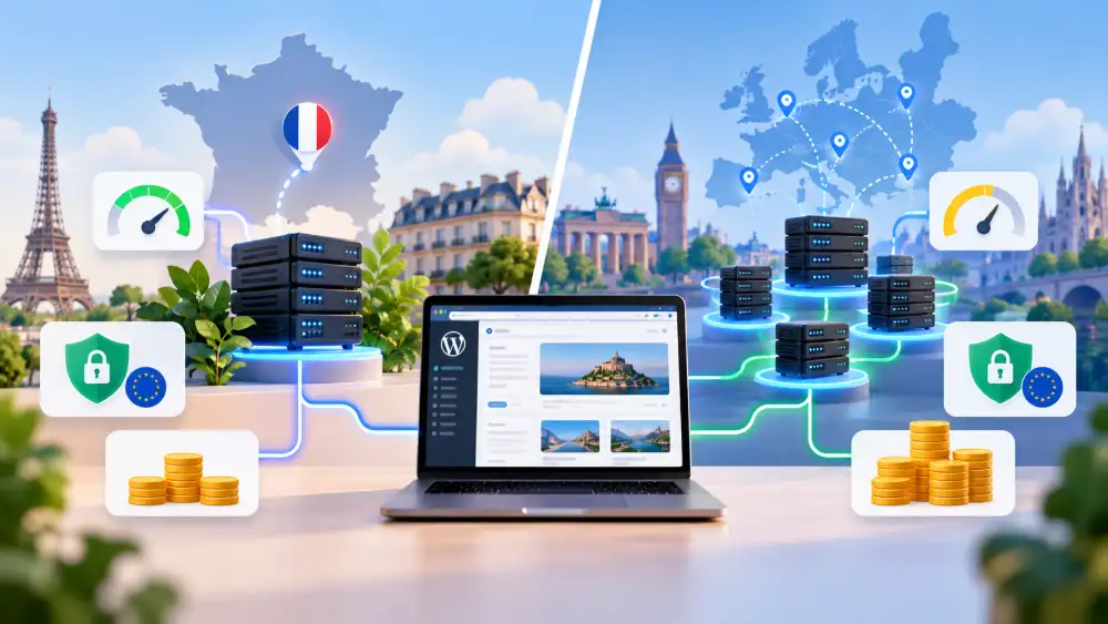 Comparaison entre hébergeur WordPress français et hébergeur européen : latence, RGPD et coût