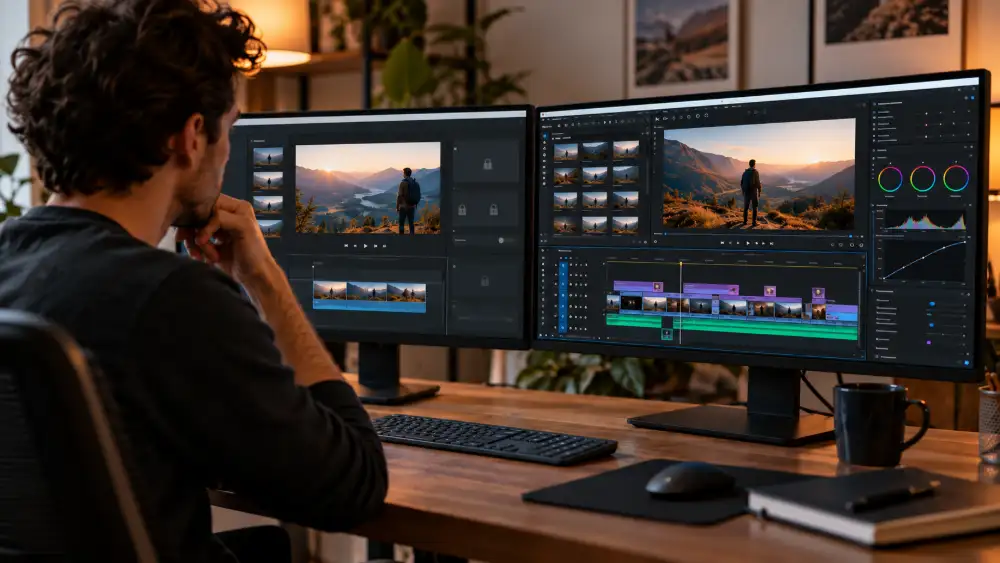 Comparaison de deux exports vidéo, l'un avec filigrane et export 720p, l'autre en 4K sans watermark